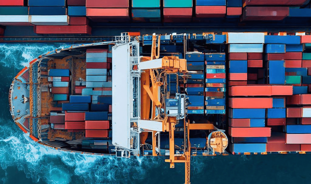 一艘滿載貨櫃的貨輪,象徵全球貨運策略正因關稅與貿易政策變化而轉型