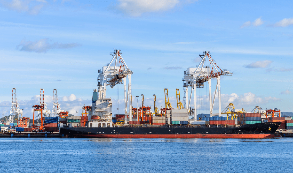 A busy container shipping port in Thailand, representing Southeast Asia's role in China+1 manufacturing