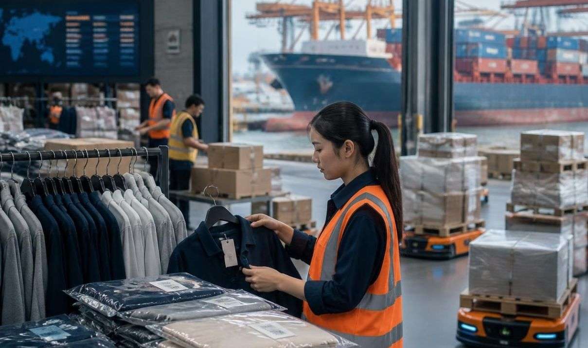 時尚供應鏈運營,展示了全球物流樞紐的服裝檢驗、倉庫庫存和貨船。