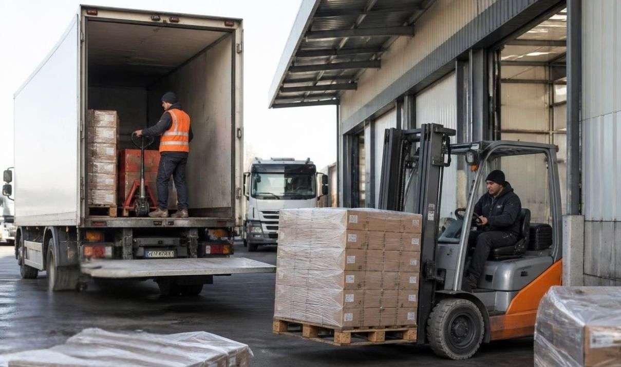 倉庫裝卸區的堆高機在卡車旁搬運棧板貨物